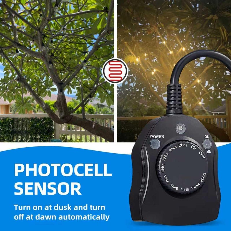 Flexoria Outdoor Timer Outlet Waterproof, Dusk to Dawn Light Sensor Timer, 2 Grounded Electrical Outlets for Christmas Lights, 15A/1875W, ETL Listed (1 Pack) - Image 4